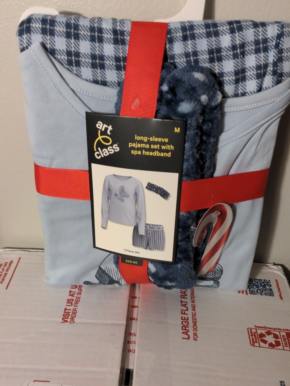 art class Light Blue Plaid Three-Piece Pajama Set with Navy Headband